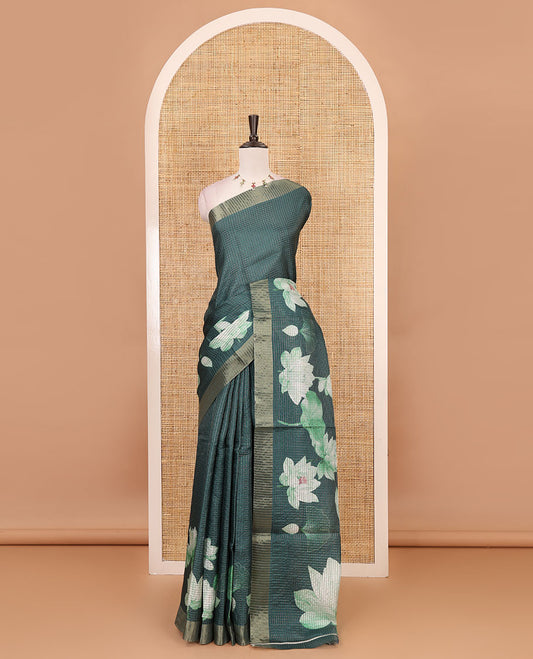 Green zari checked & Pichwai Lotus digital printed semi-tussar saree, gold zari bavanji border & matching zari checked blouse