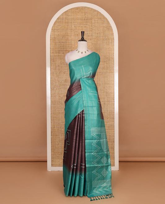 Borderless brown and Rama green zari stripes and geometric patterns printed soft tussar saree, geometric printed pallu, and contrast diamond motif printed blouse