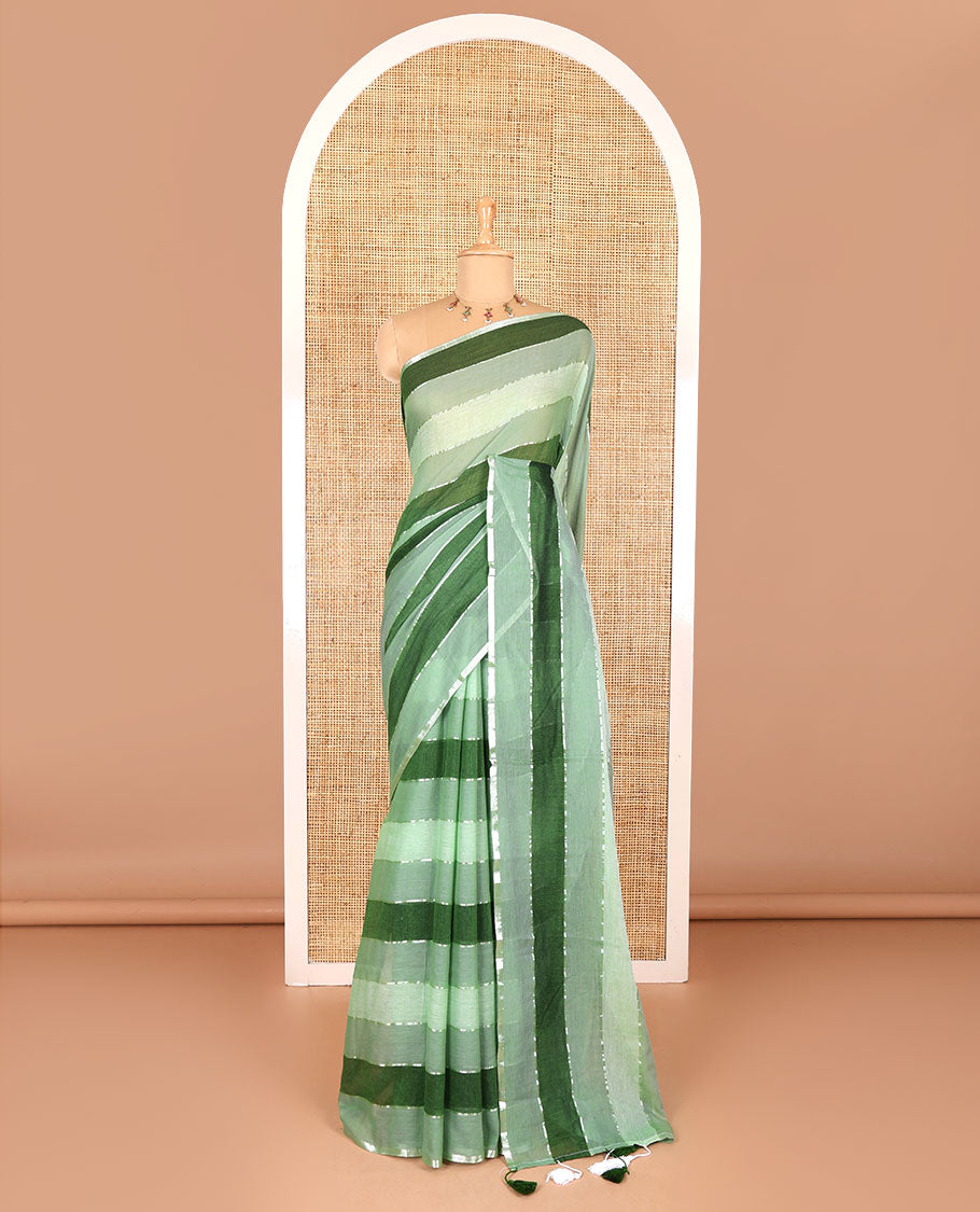 Green ombre-colored striped khadi mul cotton saree, zari piping border, striped pallu, and a matching striped blouse