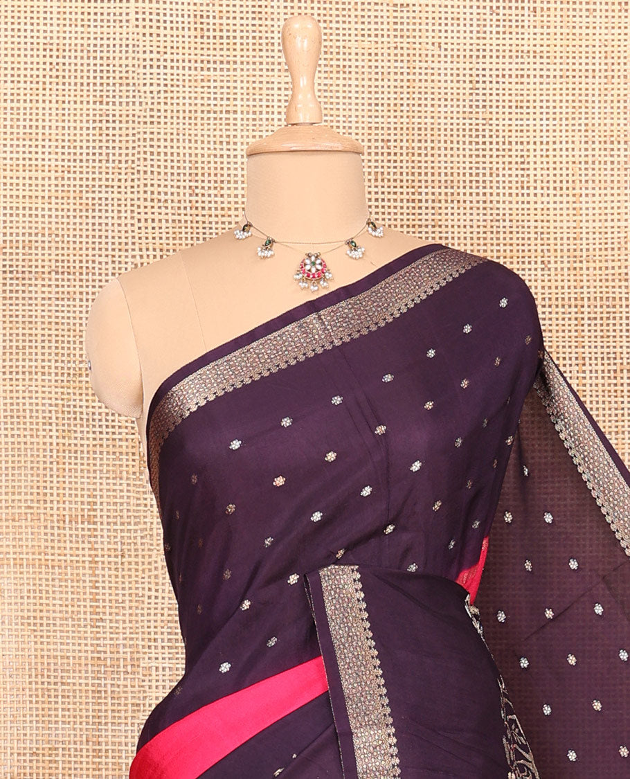 Dark violet and rani pink three-part, uniquely woven Russian silk saree features zari buttas and deer motifs, traditional motifs border, striped pallu, and a contrast buttas blouse