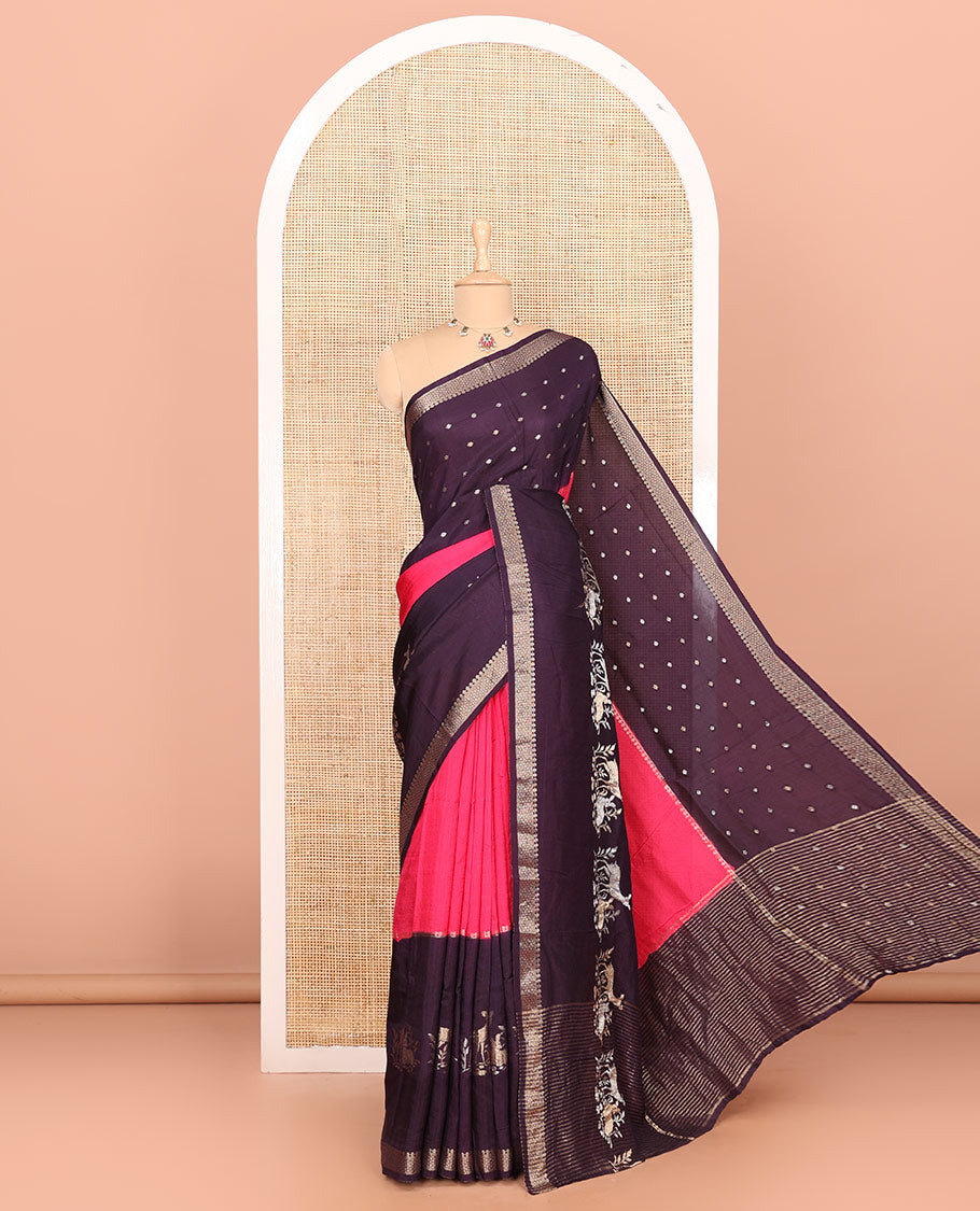 Dark violet and rani pink three-part, uniquely woven Russian silk saree features zari buttas and deer motifs, traditional motifs border, striped pallu, and a contrast buttas blouse