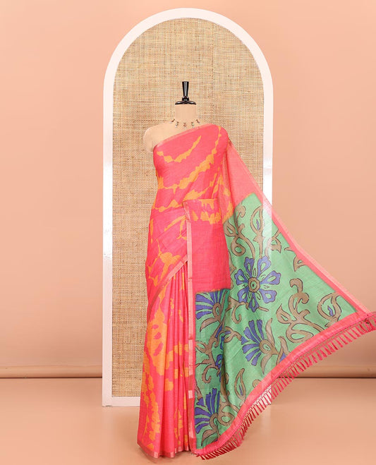 Pink shibori printed linen cotton saree, piping border, contrast floral printed pallu, and a contrast floral printed blouse