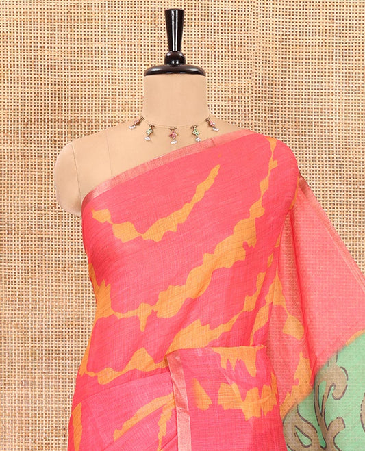Pink shibori printed linen cotton saree, piping border, contrast floral printed pallu, and a contrast floral printed blouse