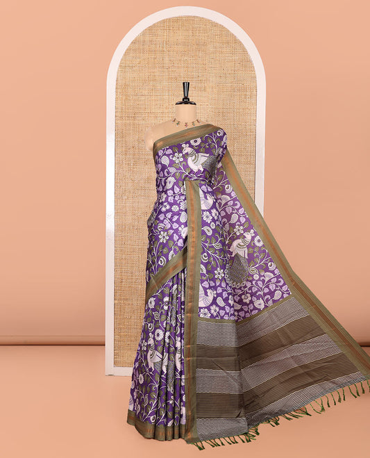 Violet Manipuri Silk Saree, Accentuated with Kalamkari-Style Floral Vine and Peacock Motifs Printed All Over Its Body, Complemented by a Contrast Zari Border, Pallu of Chevron Stripes, and Paired with a Contrast Blouse