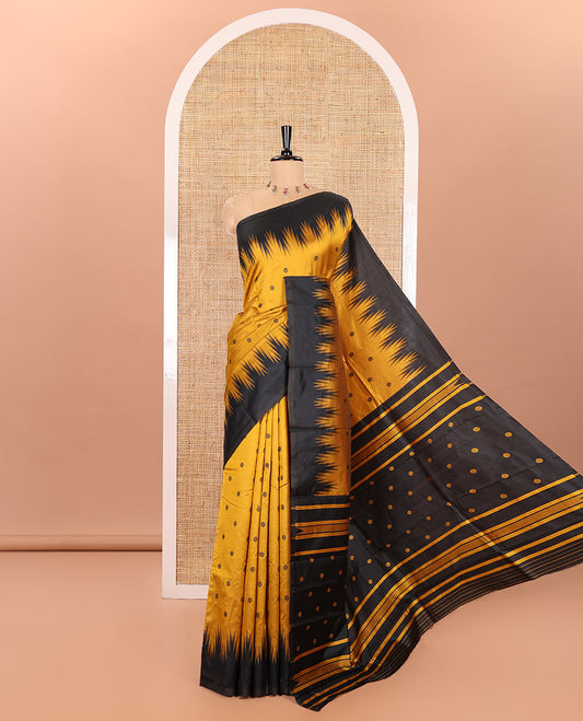 Yellow Kanchi Silk Saree, Subtly Woven with Flower Buttas All Over Its Body, Complemented by a Contrast Temple Border, Pallu Mirrors the Same Floral Motifs, and Paired with a Contrast Blouse