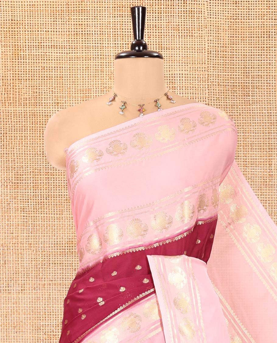 Wine Art Mysore Silk Saree, Decorated with Zari Buttas All Over Its Body, Complemented by a Contrast Rettai Pettu Border of Two-Headed Eagle Designs, Pallu Steeped with Buttas and Stripes, and Paired with a Contrast Blouse