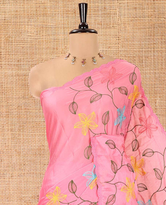 Pink Rangoli Chiffon Saree, Prettified with Multi-Color Floral Vine Embroidery on Its Body, Floral Embroidered Pallu, and Contrast Floral Embroidered Blouse