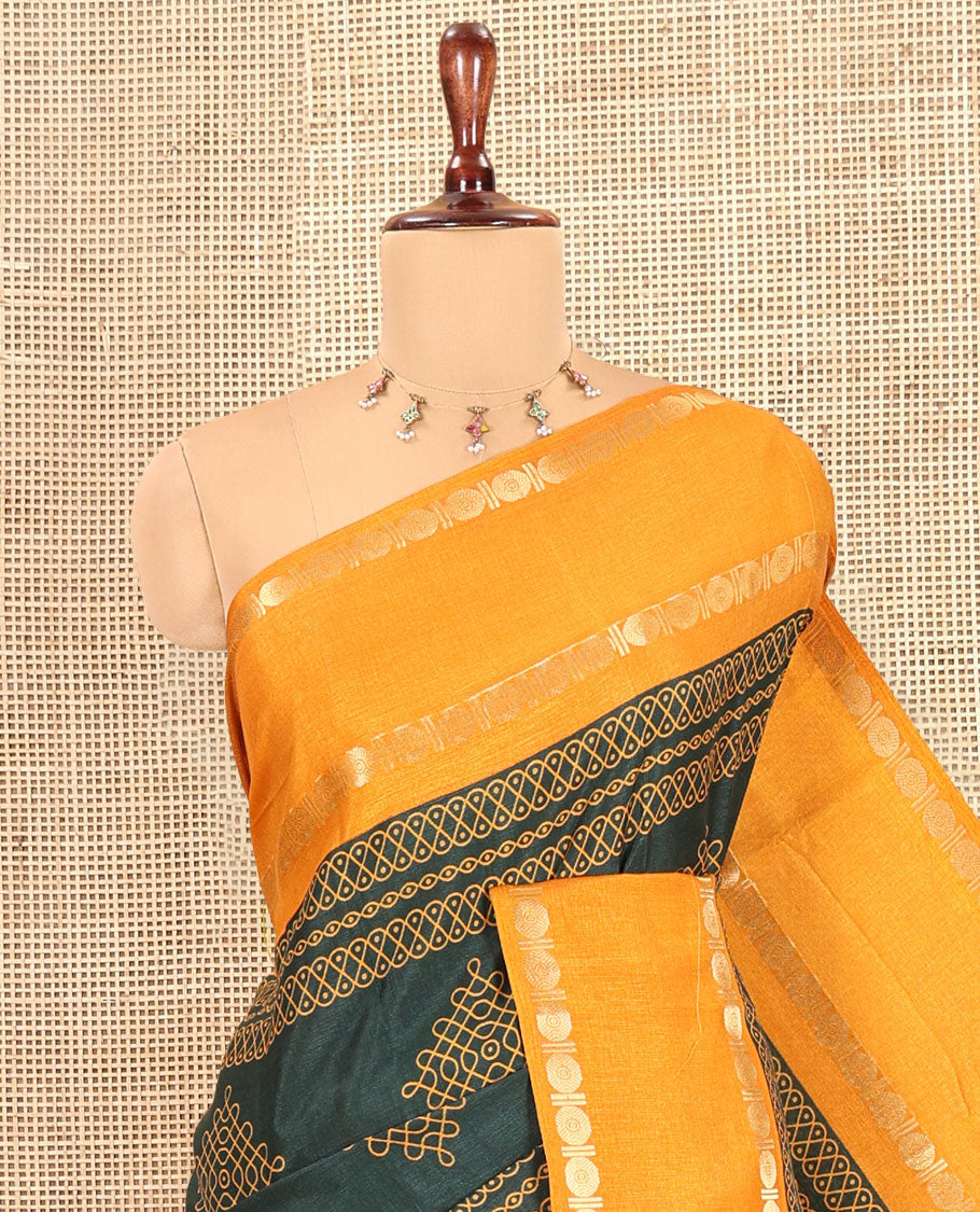 Green Art Tussar Saree, Adorned with Kolam Buttas, a Contrast Rettai Pettu Rudraksham Border, Kolam Pallu, and a Contrast Blouse