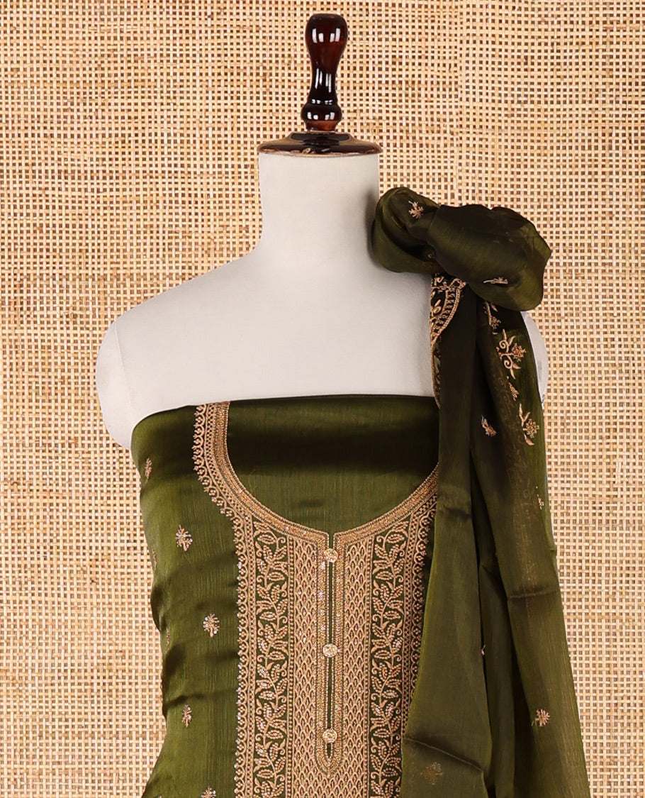 Mehendi green chudidar material set, floral design thread embroidered Burberry top, floral-themed embroidered Burberry dupatta & plain Santoon bottom