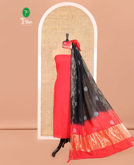 Red Semi Silk Material Churidar Set, Subtly Made Plain Top, a Plain Santoon Bottom, and Is Paired with a Dual-Colored Bandhani Motifs Semi Silk Dupatta