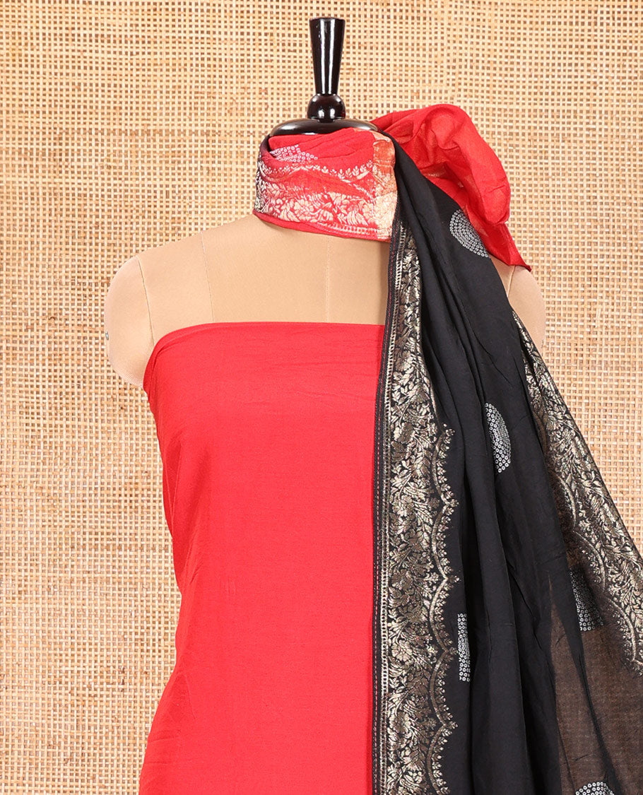 Red Semi Silk Material Churidar Set, Subtly Made Plain Top, a Plain Santoon Bottom, and Is Paired with a Dual-Colored Bandhani Motifs Semi Silk Dupatta