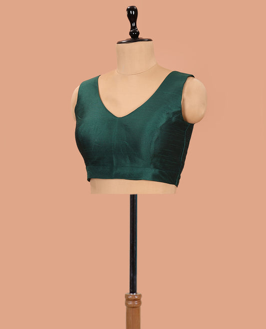Green Plain Readymade Blouse Featuring a Front Leaf-Neck, Back Deep Leaf-Neck, and Sleeveless Hand