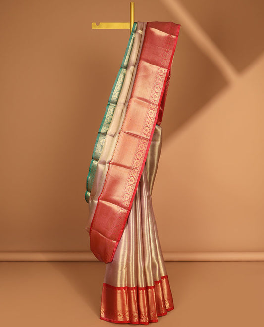 Baby pink striped semi tissue saree with ganga jamuna border & zari design pallu