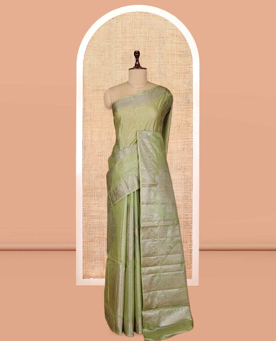 Green Tusser Silk Saree, Bedecked with Floral Design, a Zari Border, Floral Pallu, and a Matching Blouse