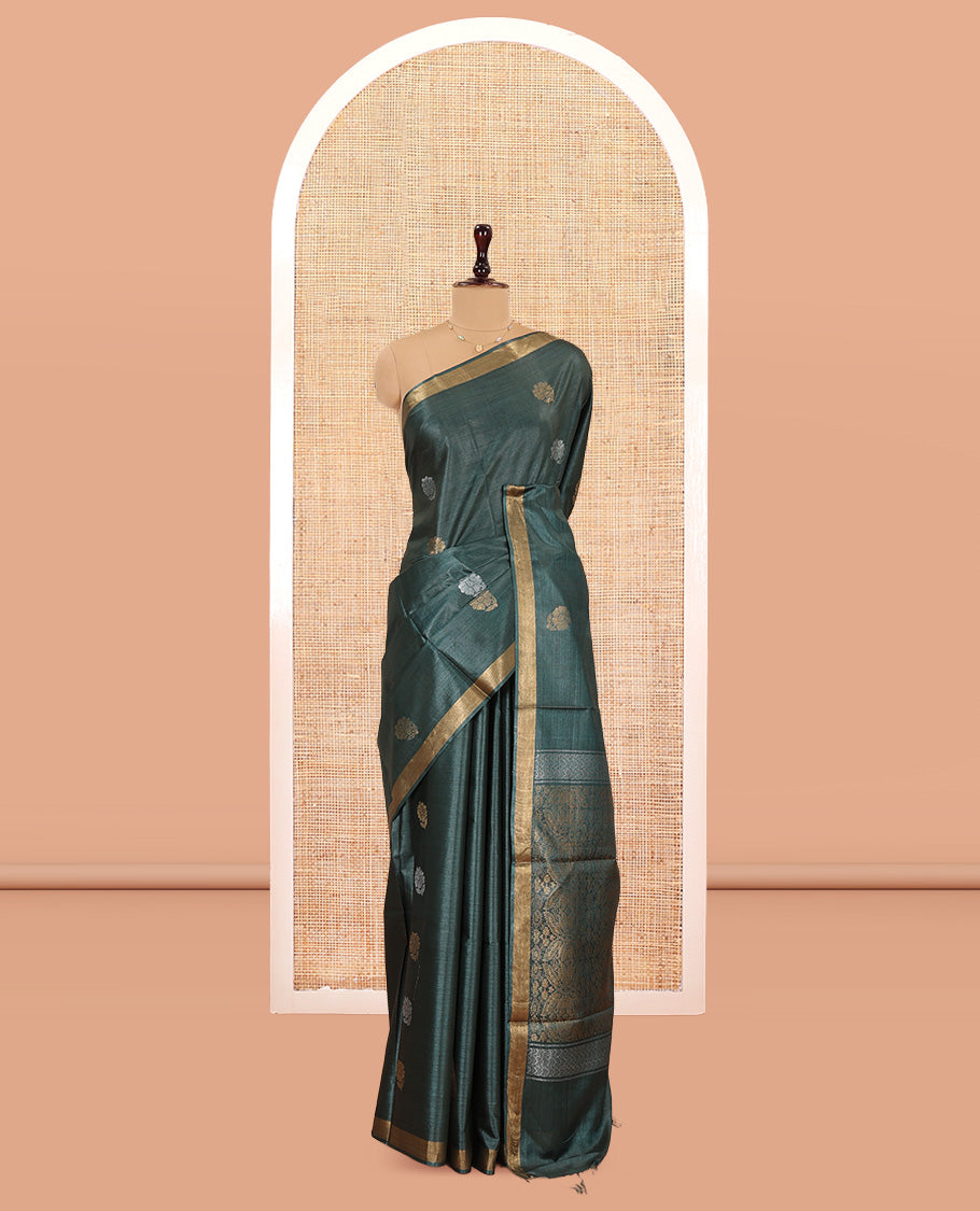 Green Tussar Saree, Woven with Buttas, a Subtle Zari Border, Pallu of Intricate Designs, and a Matching Blouse