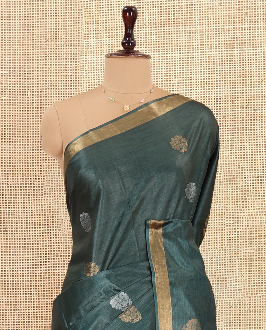 Green Tussar Saree, Woven with Buttas, a Subtle Zari Border, Pallu of Intricate Designs, and a Matching Blouse