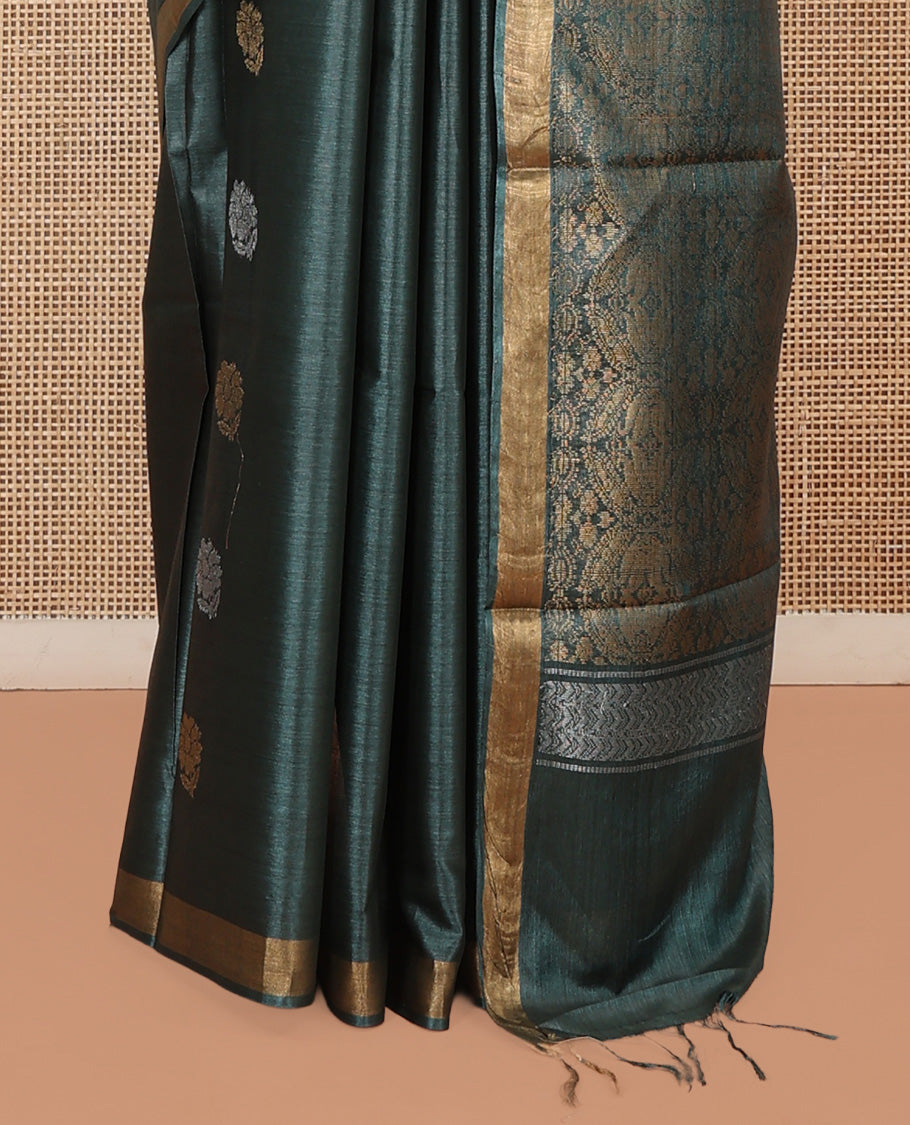 Green Tussar Saree, Woven with Buttas, a Subtle Zari Border, Pallu of Intricate Designs, and a Matching Blouse