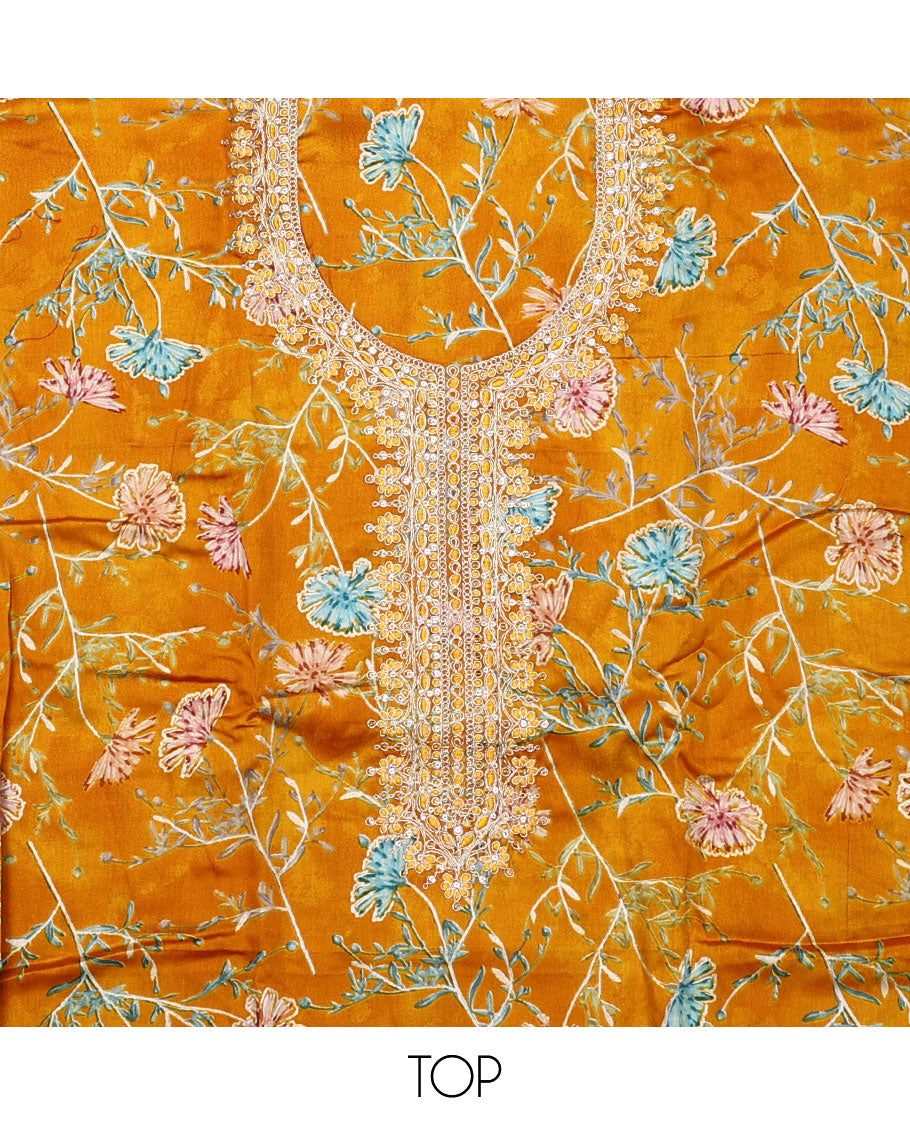 Orange material chudidar set, floral print with neck embroidered top, plain bottom, and contrast chevron sequins-thread striped dupatta