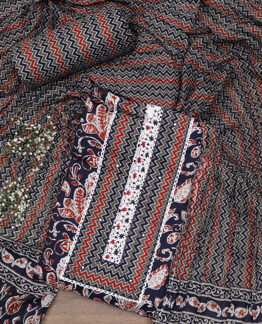 Deep blue material chudidar set, floral vine print with neck embroidery top, chevron printed bottom, and chevron printed dupatta