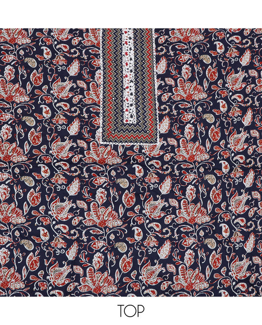 Deep blue material chudidar set, floral vine print with neck embroidery top, chevron printed bottom, and chevron printed dupatta