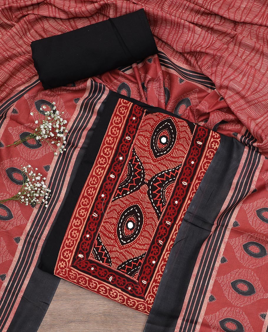 Black material chudidar set, geometric patterned neck work top, plain bottom and geometric printed dupatta