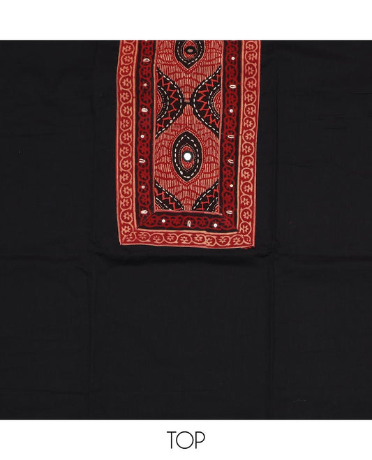 Black material chudidar set, geometric patterned neck work top, plain bottom and geometric printed dupatta