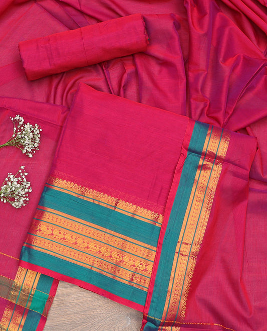 Red traditional zari design chudidhar material top with plain bottom & plain, zari design border dupatta