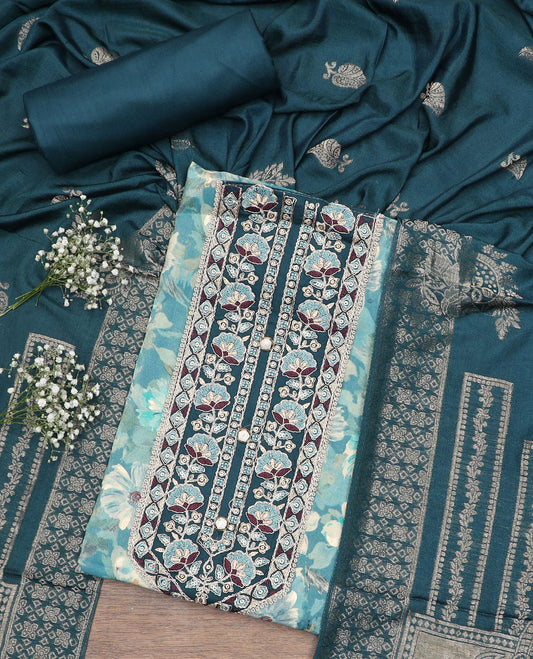 Light Blue material chudidar set, floral print with neck patch embroidered top, contrast bottom and zari woven dupatta