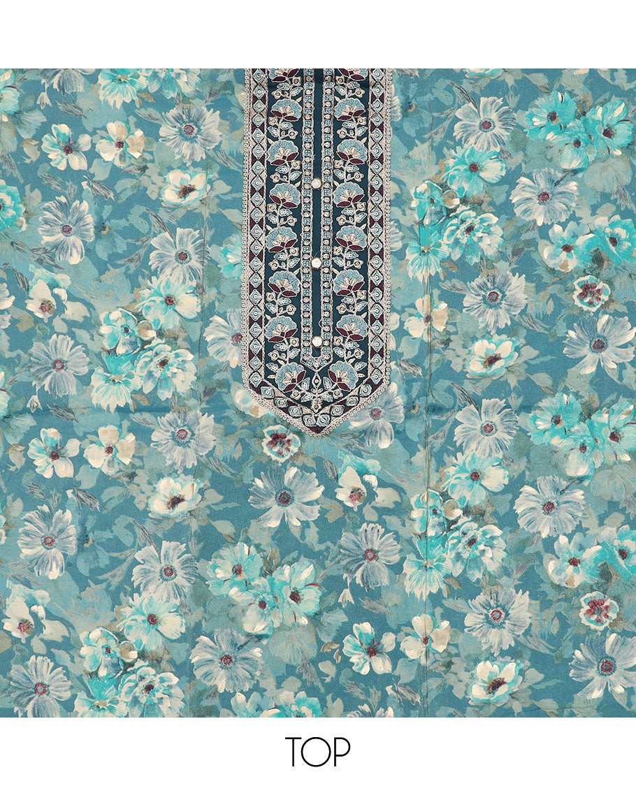 Light Blue material chudidar set, floral print with neck patch embroidered top, contrast bottom and zari woven dupatta
