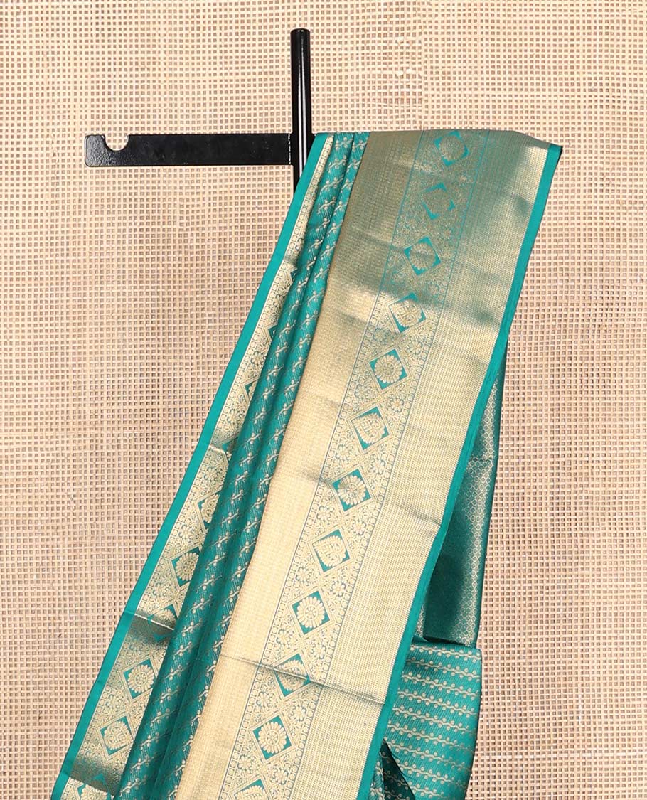 Peacock blue diagonal floral vine Vasundhara silk mix saree, traditional zari design border & jaal pallu