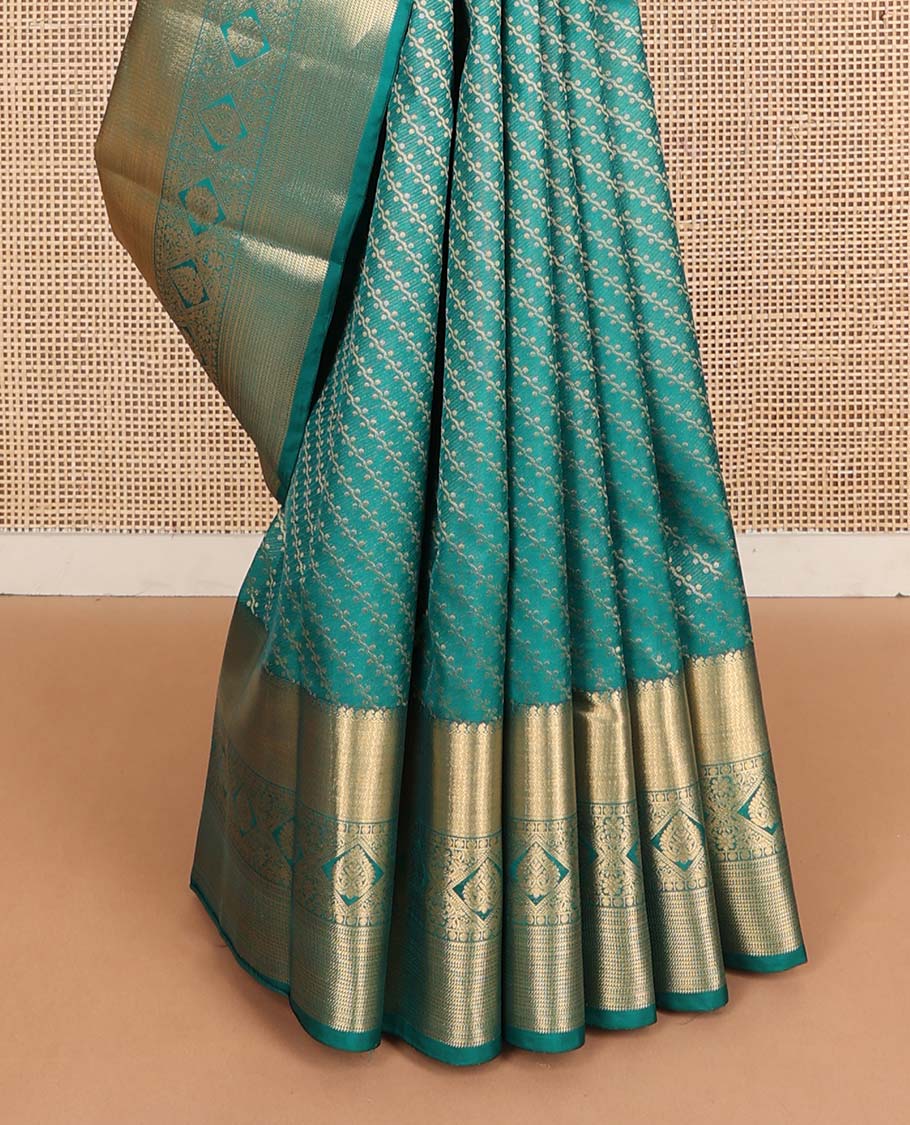 Peacock blue diagonal floral vine Vasundhara silk mix saree, traditional zari design border & jaal pallu
