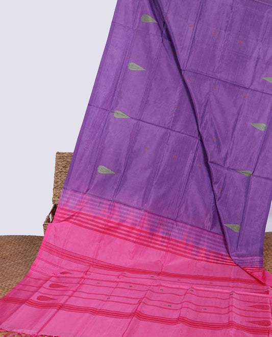 Borderless violet leaf motifs banana pith saree & striped, leaf motifs pallu