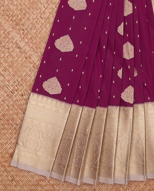 Burgundy zari buttas gift saree, contrast traditional zari design border, and jaal pallu