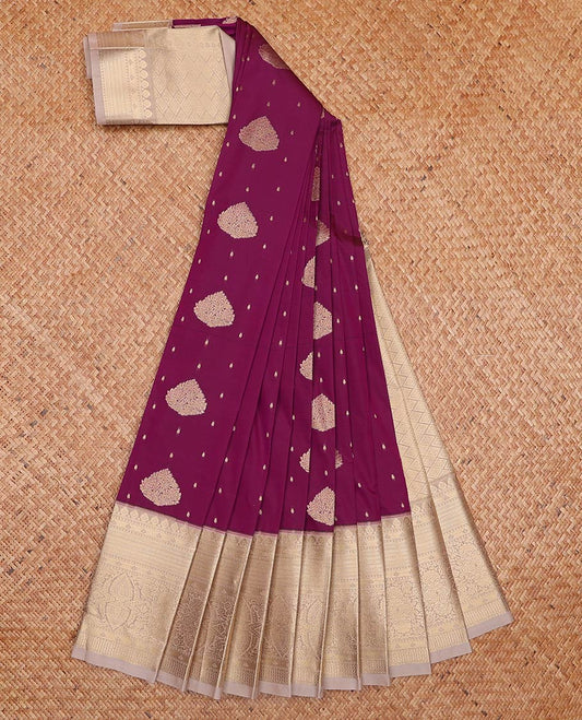 Burgundy zari buttas gift saree, contrast traditional zari design border, and jaal pallu