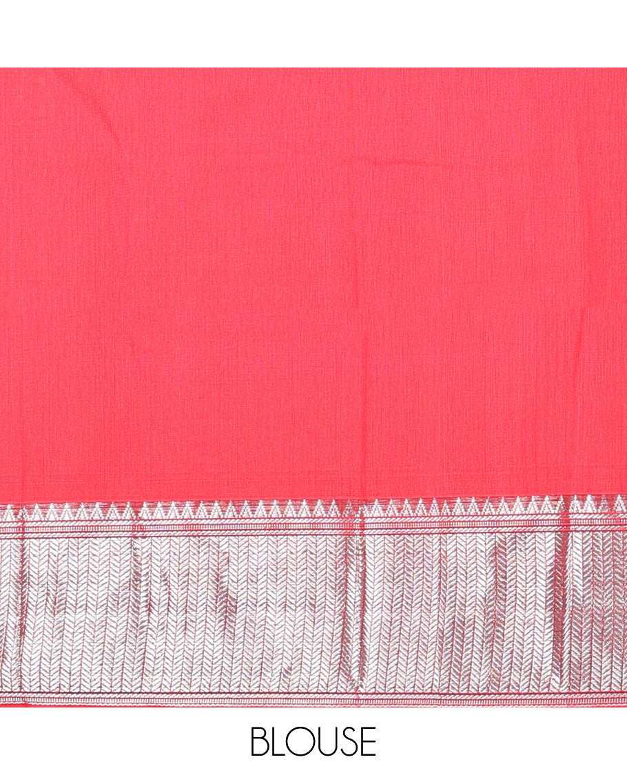 Red cotton half-saree, plain with contrast geometric bordered skirt, matching blouse, and contrast geometric bordered dhavani