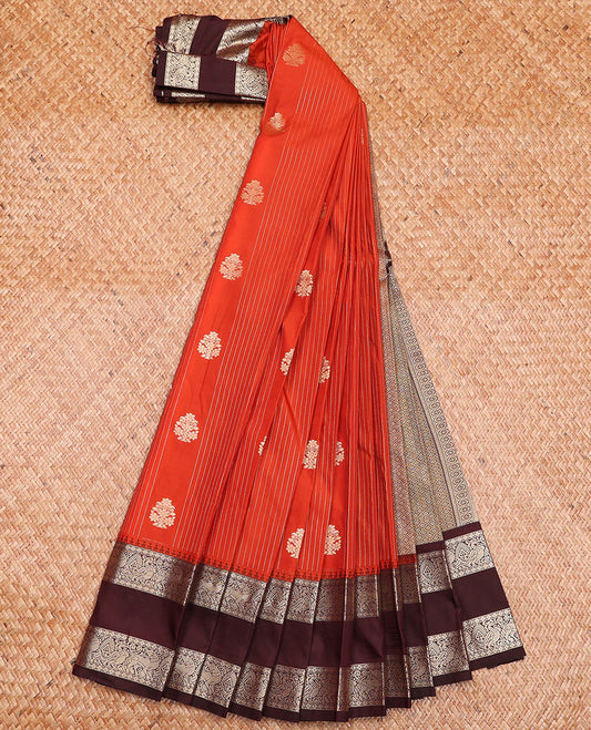 Orange Budget Silk Saree Enthralled with Zari Stripes and Buttas, Complemented by a Contrast Traditional Zari Border Features Yaali and Peacock Motifs, a Jaal Pallu, and Paired with a Contrast Blouse