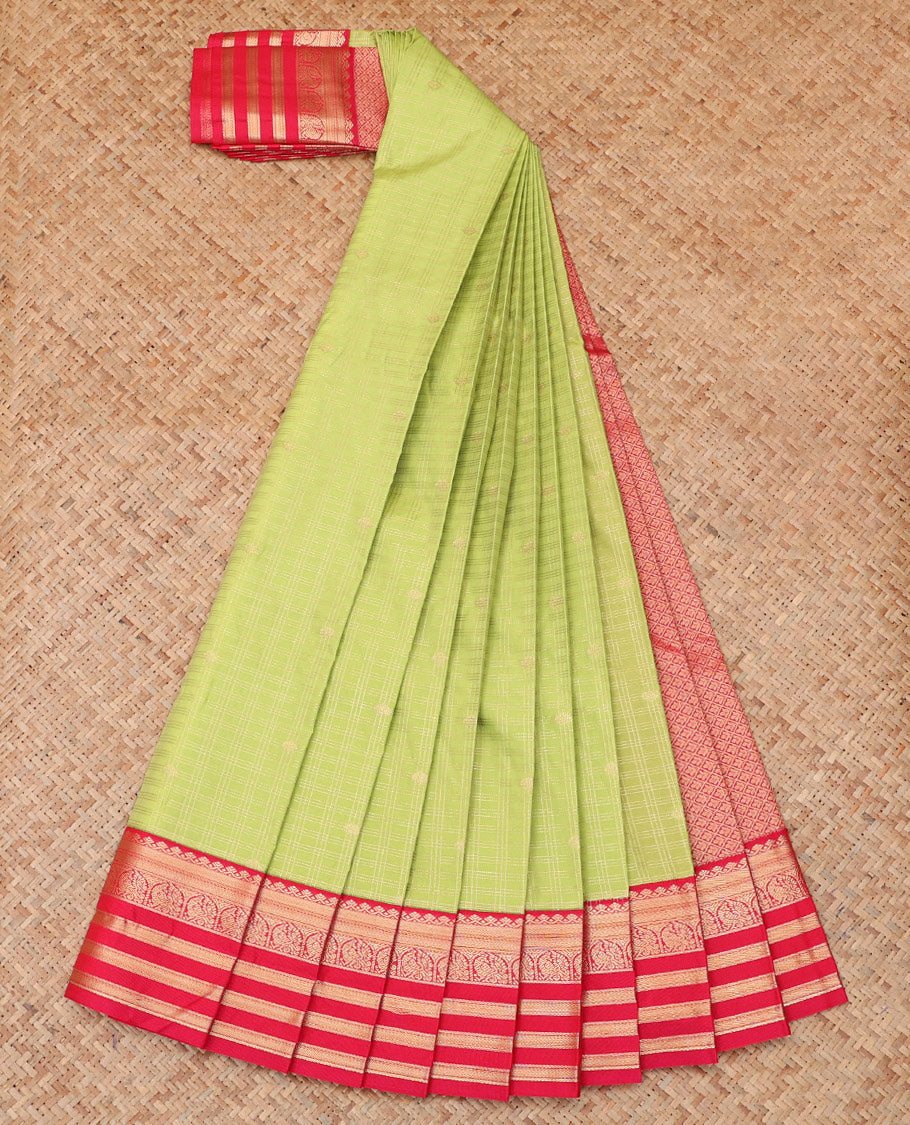 Green Budget Silk Saree, Sparsely Threaded with Zari Buttas and Checks, a Contrast Traditional Zari Border, Jaal Pallu, and a Contrast Blouse