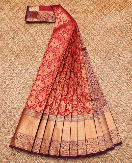 Red Budget Silk Saree, Adorned with Jacquard Design, Contrast Traditional Zari Border, Grand Jaal Pallu, and a Contrast Blouse