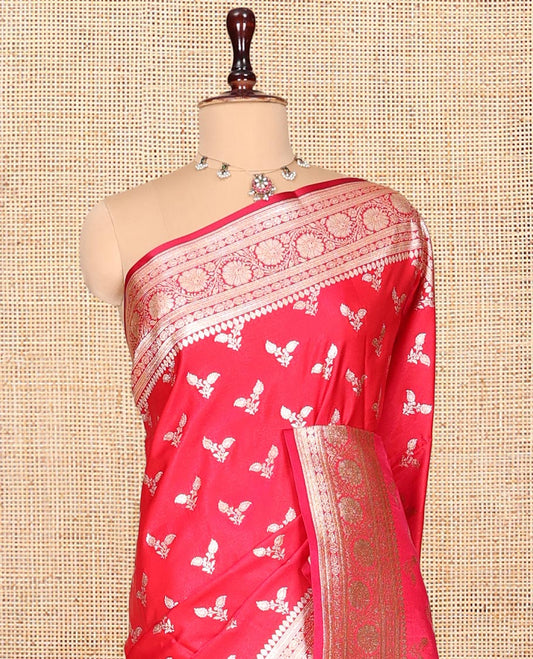 Red Banarasi Nylon Saree, Delicately Woven with Buttas, Floral Creeper Zari Border, Intricate Pallu, and a Matching Blouse