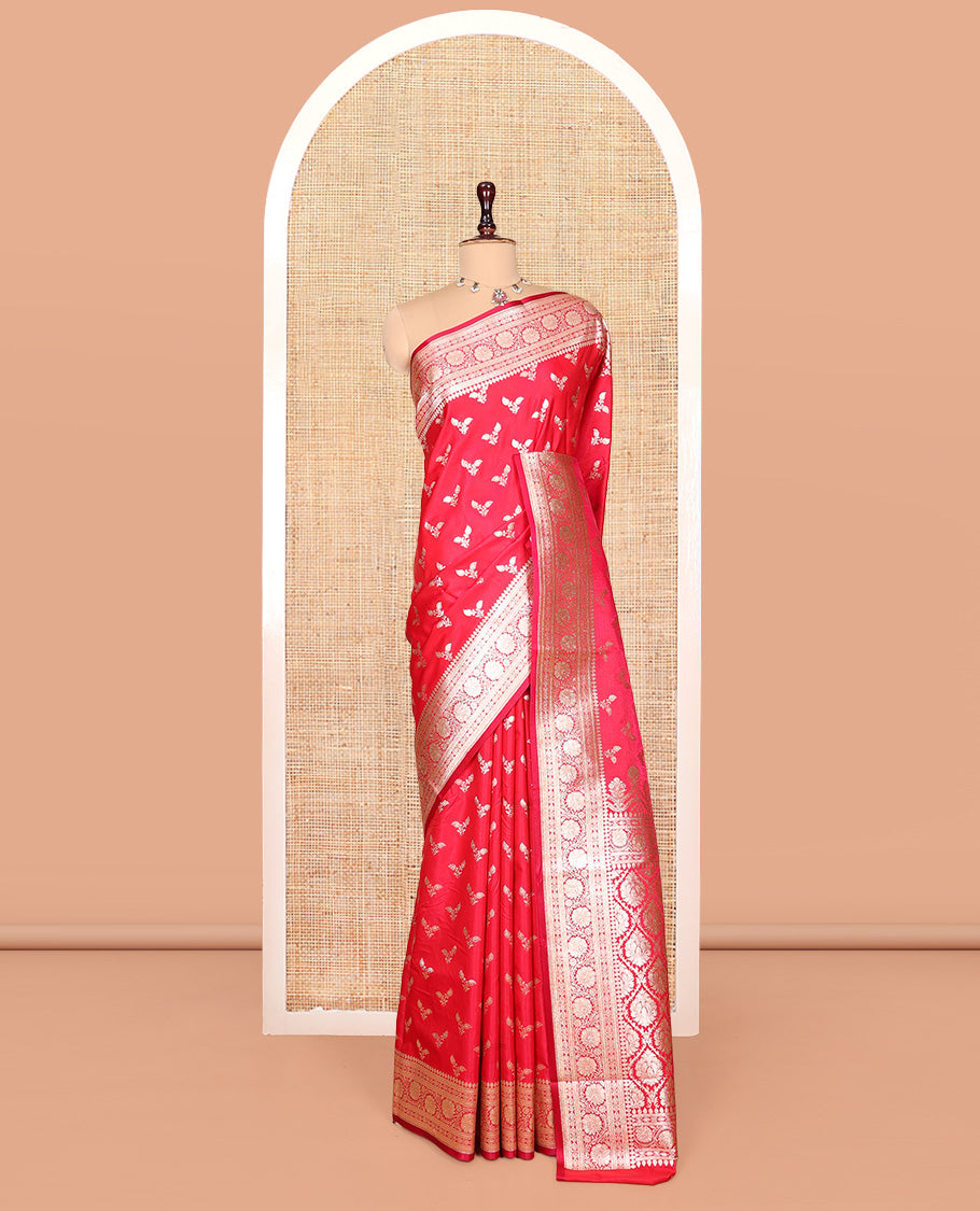 Red Banarasi Nylon Saree, Delicately Woven with Buttas, Floral Creeper Zari Border, Intricate Pallu, and a Matching Blouse