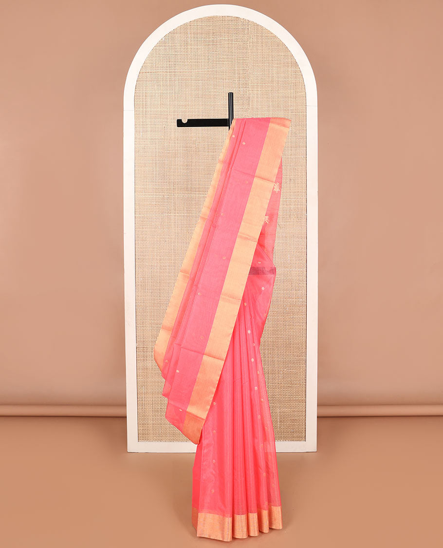 Light pink  floral motifs chanderi cotton saree with contrast zari border & striped pallu