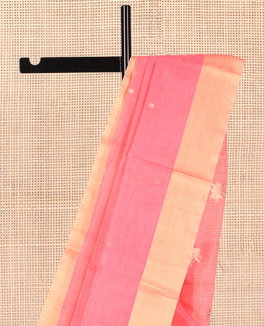 Light pink  floral motifs chanderi cotton saree with contrast zari border & striped pallu