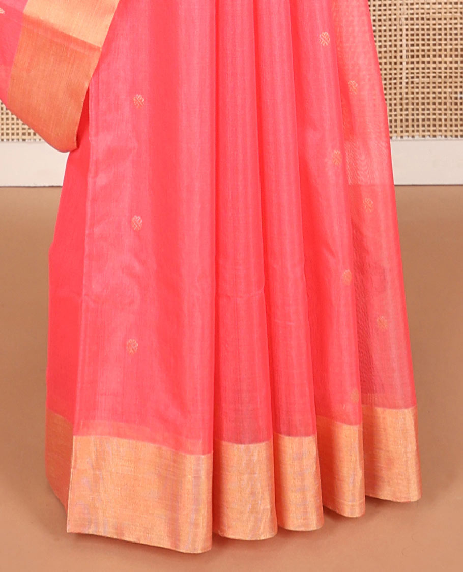 Light pink  floral motifs chanderi cotton saree with contrast zari border & striped pallu