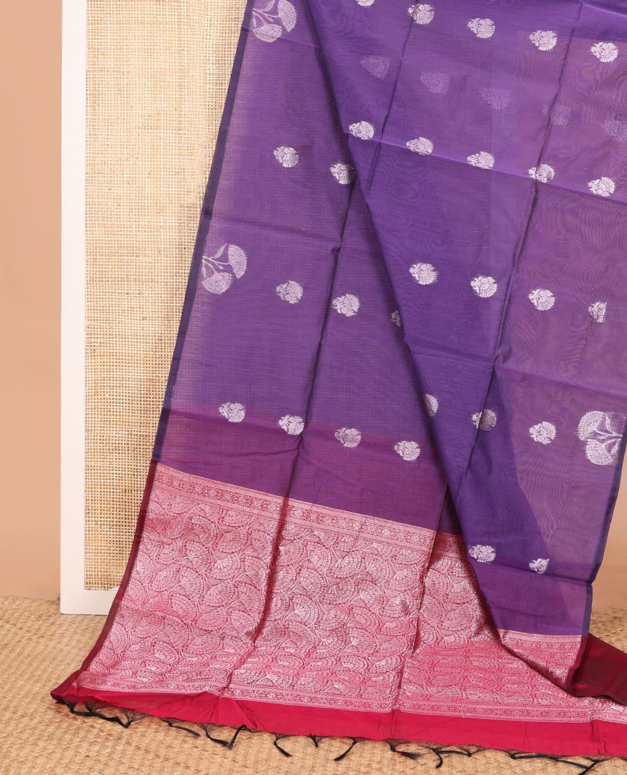 Borderless violet floral zari buttas semi-silk cotton saree, contrast floral jaal pallu