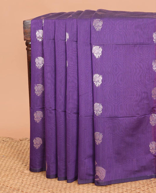 Borderless violet floral zari buttas semi-silk cotton saree, contrast floral jaal pallu