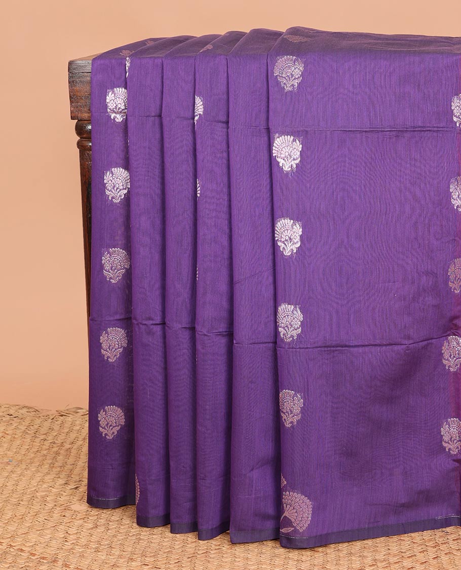 Borderless violet floral zari buttas semi-silk cotton saree, contrast floral jaal pallu