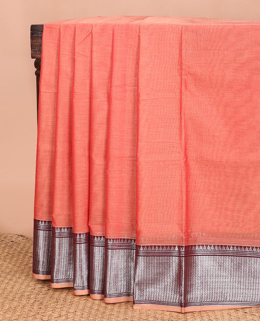 Peach plain Narayanapet cotton saree, contrast geometric patterned thread border, and striped pallu