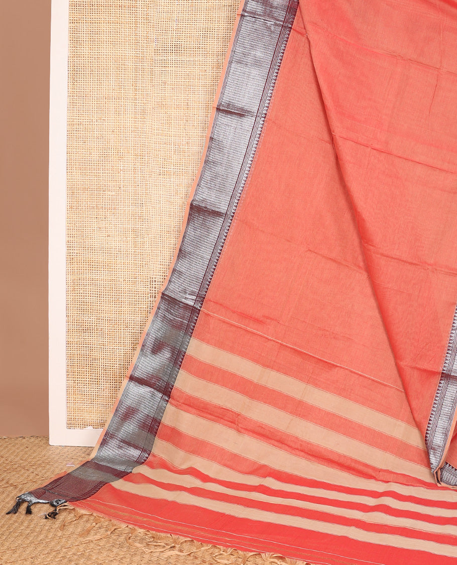 Peach plain Narayanapet cotton saree, contrast geometric patterned thread border, and striped pallu