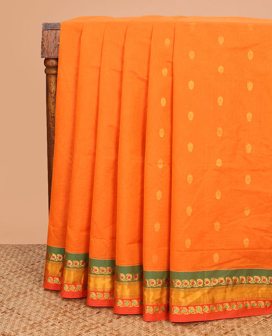 Orange buttas Venkatagiri cotton saree, contrast paisley vine border, and floral jaal pallu