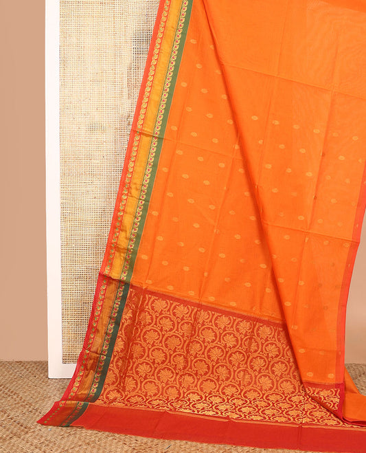 Orange buttas Venkatagiri cotton saree, contrast paisley vine border, and floral jaal pallu